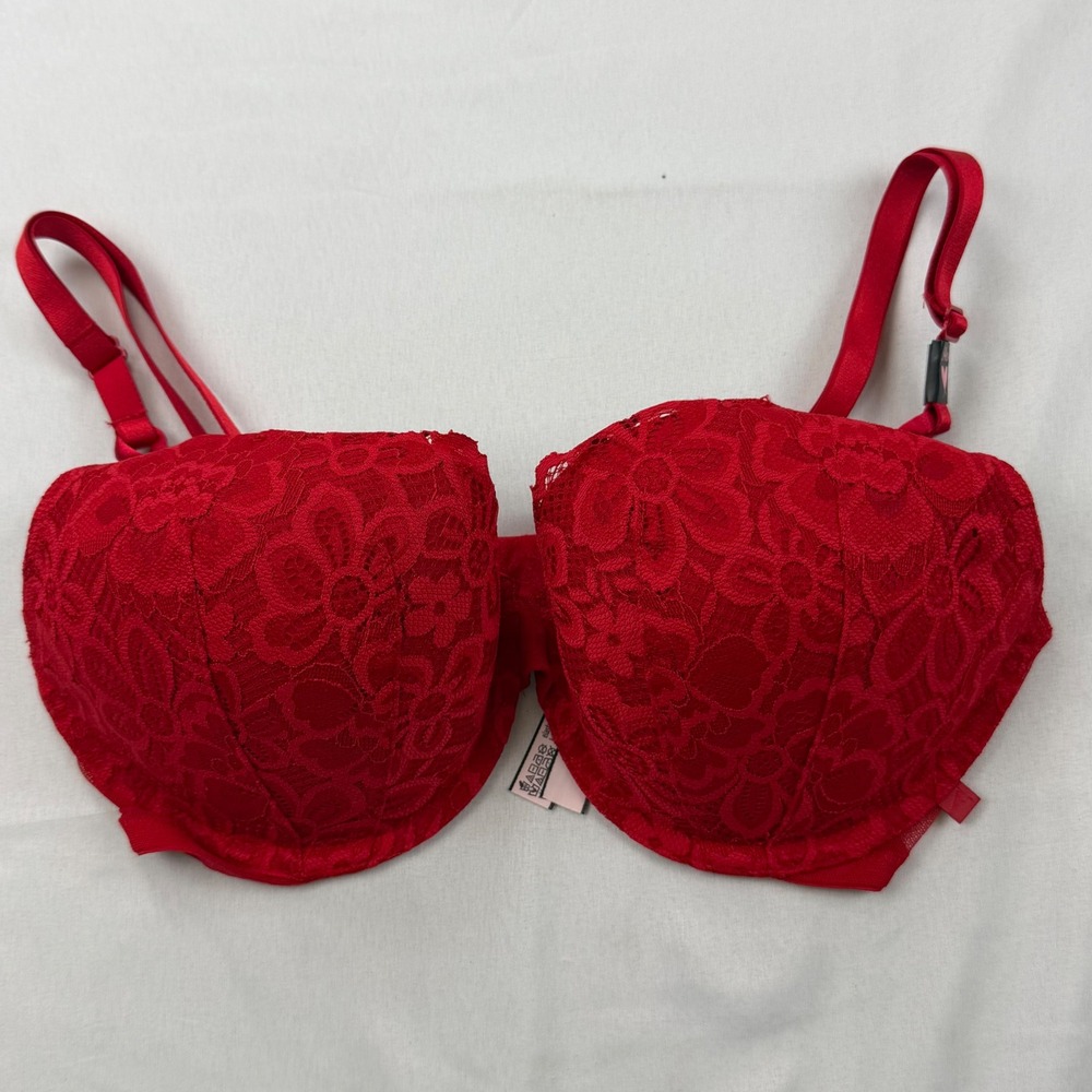 Victoria's Secret Lined Demi Bra Womens 34D Red Floral Lace 11200918